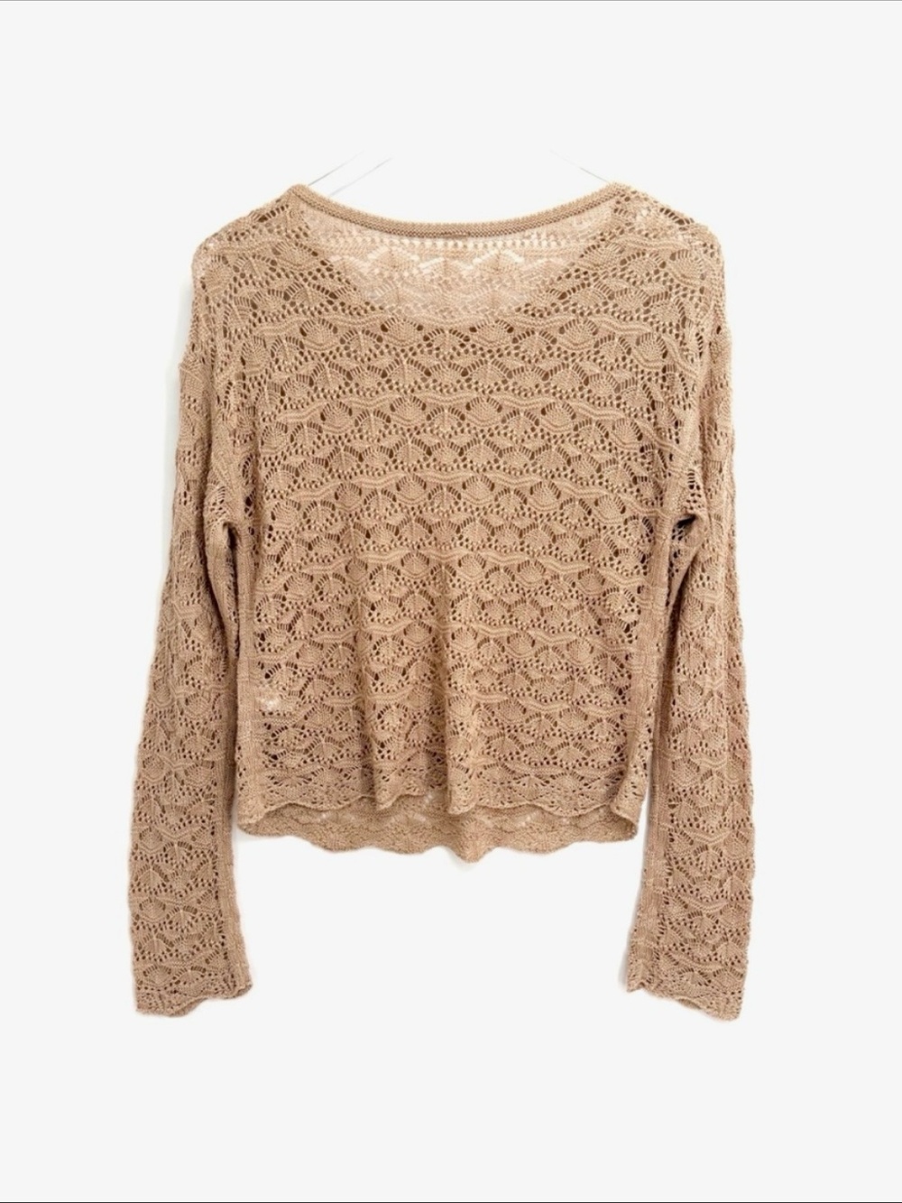 Tan Crocheted Open-Knit Lightweight Pullover Sweater Long Sleeve Top